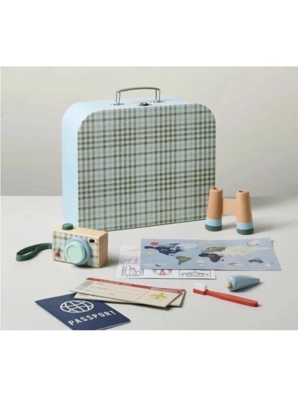 Passport Kids Travel Playset in Light Blue Plaid with Pastel Accessories